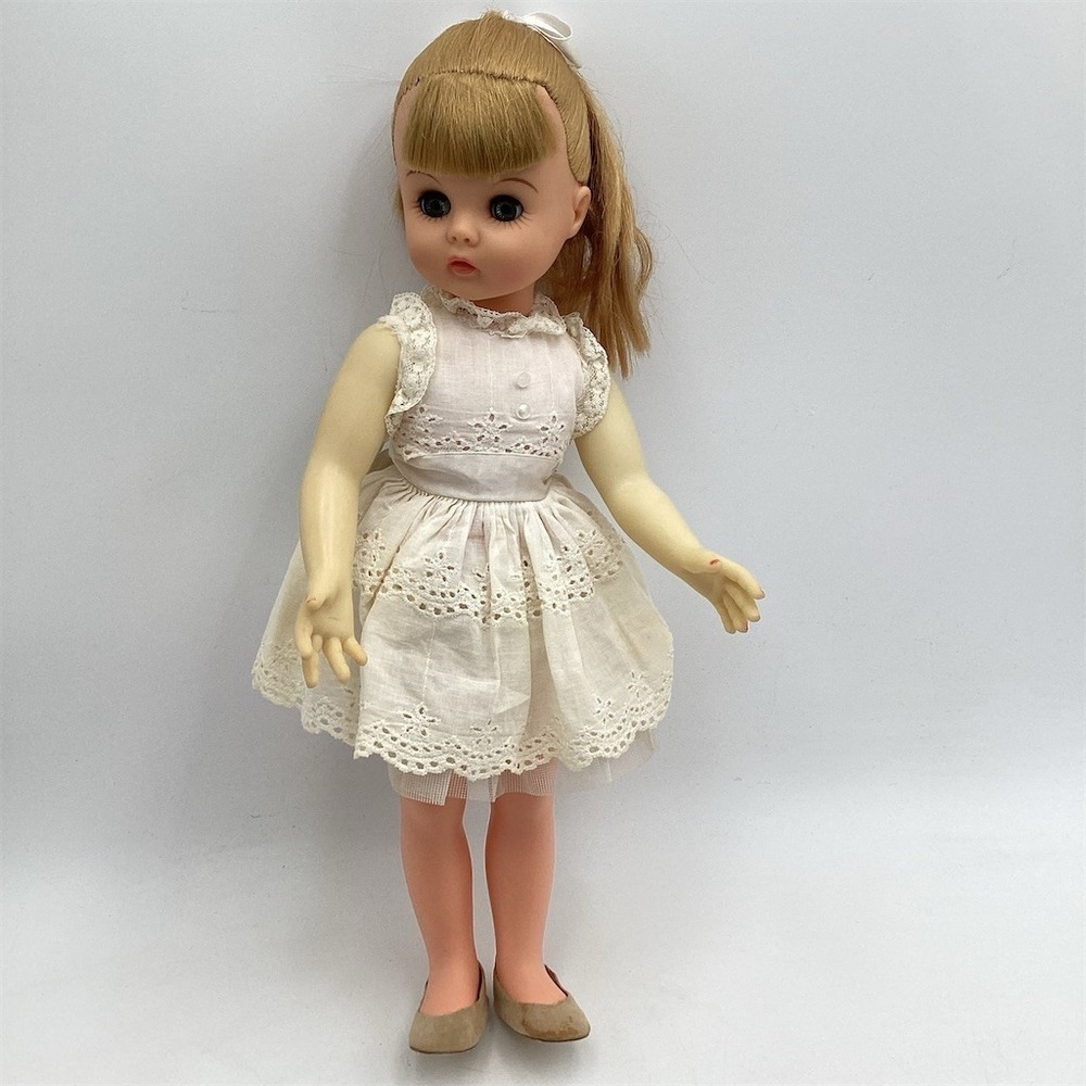 Vintage 16in Blonde Girl Doll Sleep Eyes White Eyelet Dress Bow Shoes